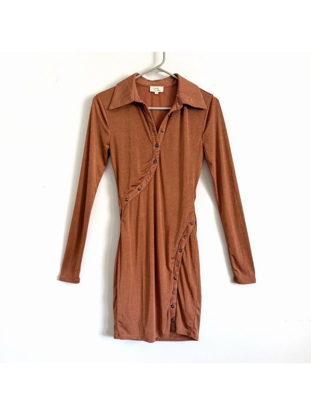 Camila Coelho Cera Button Down Long Sleeve Mini Dress Brown Asymmetric Sz Small